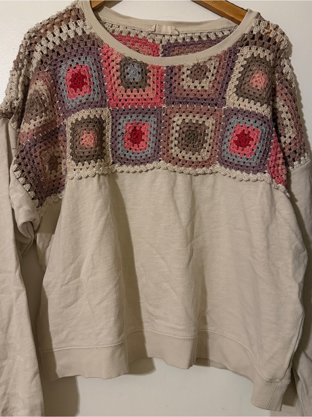 Lucky Brand Crochet Yoke Pullover Granny Square Woven L Boho - Picture 12 of 12